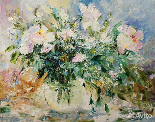 Картина маслом. Белые цветы. 40х50 см