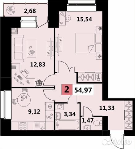 2-к квартира, 55 м², 2/4 эт.