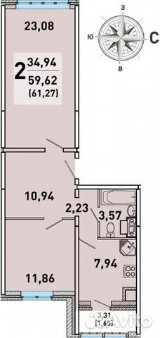 2-к квартира, 61.3 м², 3/7 эт.