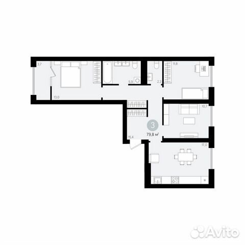 3-к квартира, 79.8 м², 7/16 эт.