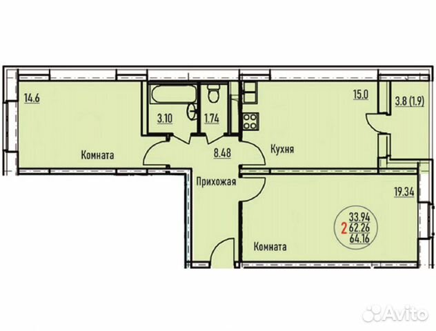2-к квартира, 64.2 м², 9/17 эт. 2-к квартира, 64.2 м², 9/17 эт.