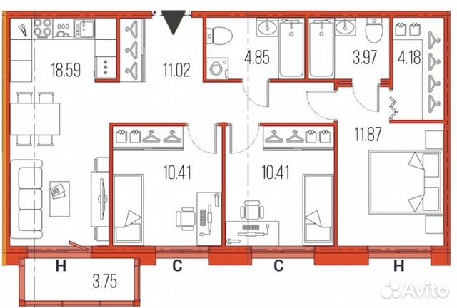 3-к квартира, 75.3 м², 3/22 эт.