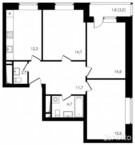 3-к квартира, 77.9 м², 2/25 эт. 3-к квартира, 77.9 м², 2/25 эт.