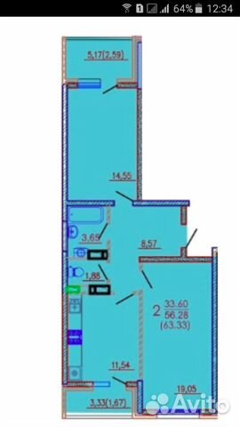 2-к квартира, 63.3 м², 3/17 эт.