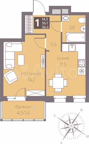 1-к. квартира, 36,5 м², 7/16 эт.