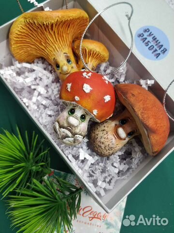 Елочные игрушки грибочки набор папье-маше