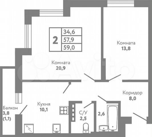 2-к. квартира, 59 м², 4/8 эт.