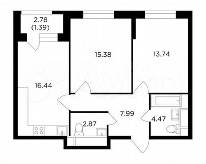 2-к квартира, 62.3 м², 19/30 эт.