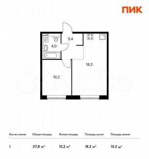 1-к квартира, 37.8 м², 1/9 эт.